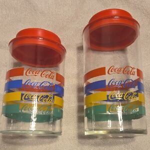 1980's Coca-Cola Glass Jars with Red Lids and Colorful Stripes